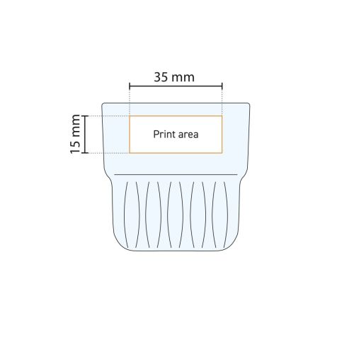 Technische Arbeitszeichnung mit Logofläche und Abmessungen der Druckfläche auf dem Onis Becherglas 15 cl.