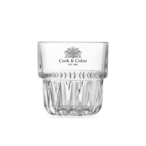CorkColor Logo einfarbig gedruckt auf der Vorderseite des 15 cl Klarglas Tumbler Onis Glas.