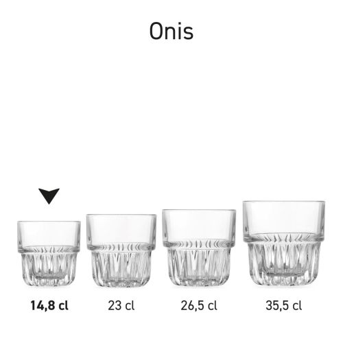 Serie identischer Onis Bechergläser mit unterschiedlichem Inhalt, die bequem nebeneinander präsentiert werden.