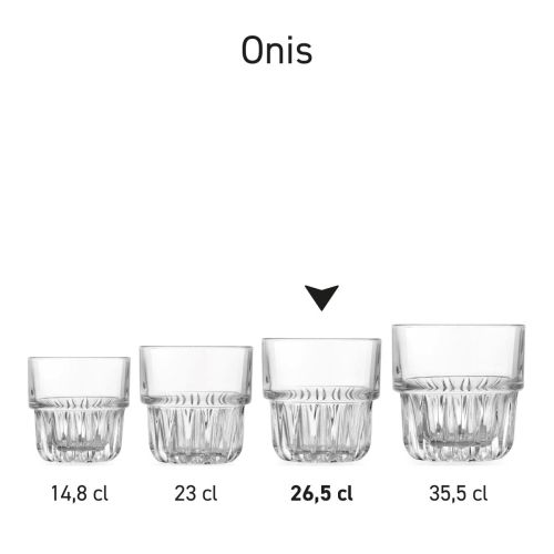 Serienansicht von mehreren Onis Gläsern 26,5 cl. als Produktlinie angeordnet. Serienansicht von mehreren Onis Gläsern 26,5 cl. als Produktlinie angeordnet.