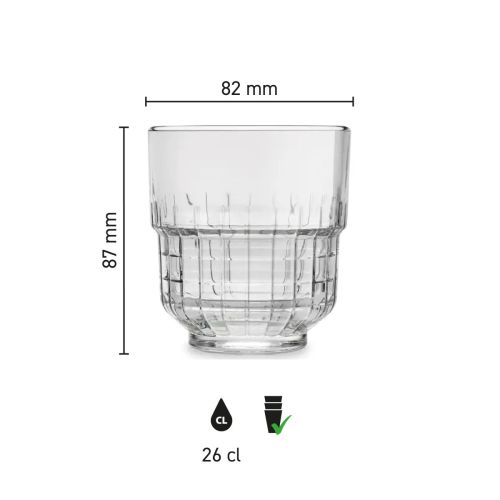 Die Infografik zeigt Höhe, Durchmesser und Fassungsvermögen des Tumbler Onis Glas 26 cl. in einer klaren Skala. Die Infografik zeigt Höhe, Durchmesser und Fassungsvermögen des Tumbler Onis Glas 26 cl. in einer klaren Skala.