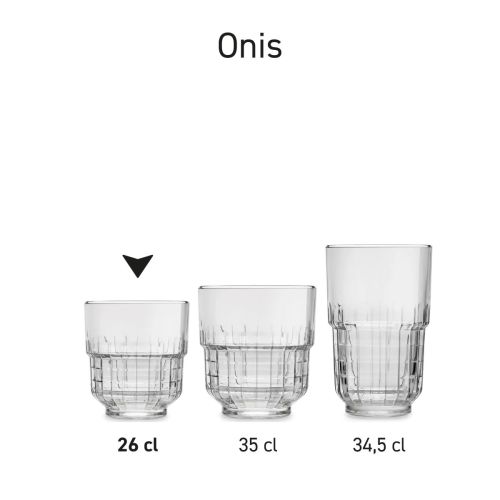Serie Tumbler Onis 26 cl Gläser übersichtlich in einem Produktbild angeordnet. Serie Tumbler Onis 26 cl Gläser übersichtlich in einem Produktbild angeordnet.