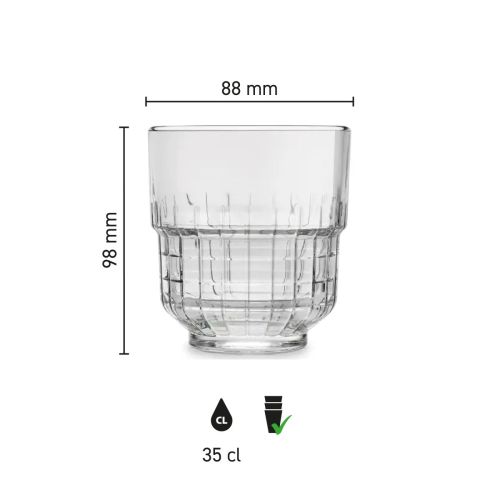 Infografik zeigt Höhe, Durchmesser und Fassungsvermögen des Tumbler Onis Glas 35 cl. Infografik zeigt Höhe, Durchmesser und Fassungsvermögen des Tumbler Onis Glas 35 cl.