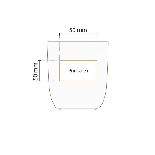 Die technische Arbeitszeichnung zeigt die Druckfläche auf der Vorderseite des Porzellanbechers 35 cl.