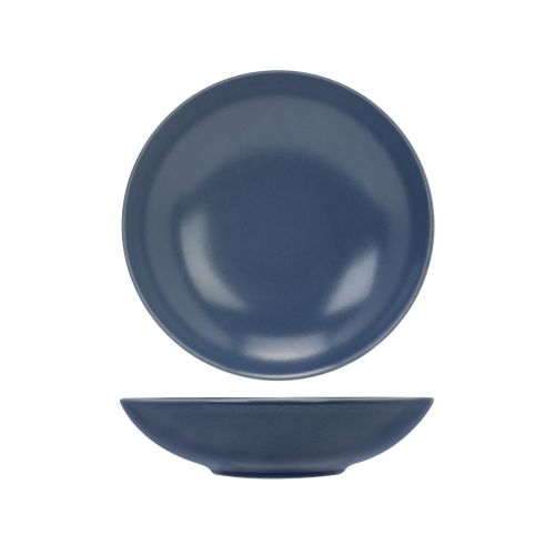 Gerade Vorderansicht des Venus-Tellers tief 21 cm aus blauer Keramik mit runder Form und matter Oberfläche. Gerade Vorderansicht des Venus-Tellers tief 21 cm aus blauer Keramik mit runder Form und matter Oberfläche.
