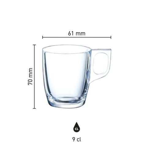 Infografik zeigt Höhe und Durchmesser des Voluto Espressoglases 9 cl. Infografik zeigt Höhe und Durchmesser des Voluto Espressoglases 9 cl.