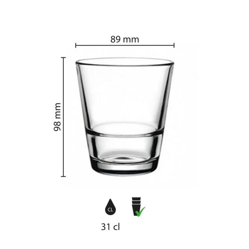 Wasserglas Grande S Stapelbar 31 cl. mit mehrfarbigem CoffeeCo-Logo auf der Vorderseite, gut sichtbar auf dem Glas.