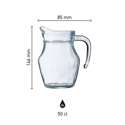 Die Infografik zeigt die Abmessungen des Glaskruges Broc Arc 0,5 Liter mit der Angabe in Millimetern.