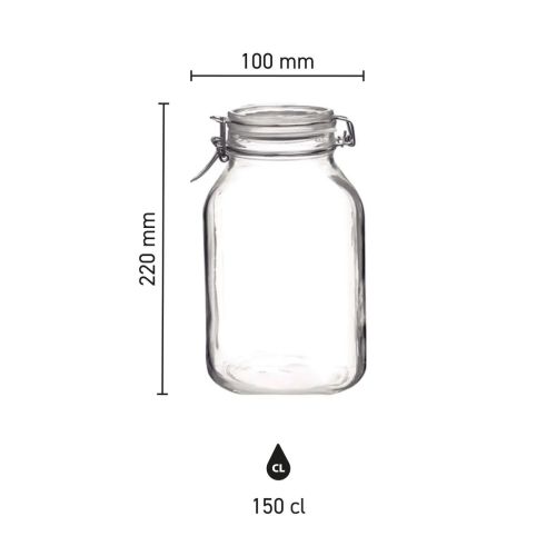 Die Infografik zeigt die Abmessungen des Fido Weckglases 1,5 Liter im Quadrat mit Höhe und Breite.