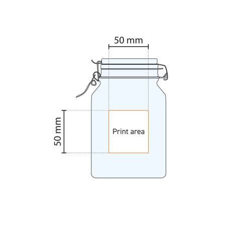 Die technische Arbeitszeichnung zeigt den Druckbereich des Fido Weckglases, quadratisch, 2 Liter.