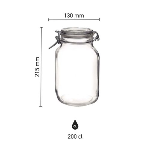 Die Infografik zeigt die Abmessungen des quadratischen Fido 2-Liter-Topfes, einschließlich Höhe und Breite.