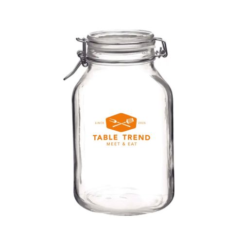 Einweckglas 3 Liter Fido mit einfarbigem TableTrend-Logo auf der Vorderseite der quadratischen Glasfläche.
