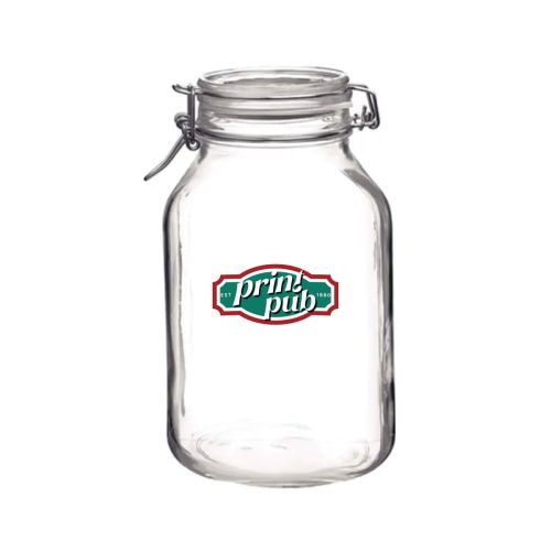 Vorderseite des Einweckglas 3 Liter Fido mit mehrfarbigem PrintPub-Logo auf dem Glas.