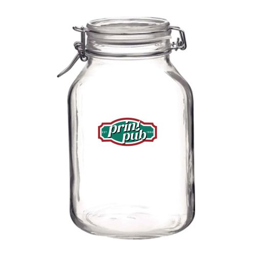 Einweckglas 4 Liter Fido mit mehrfarbigem PrintPub-Logo auf der Vorderseite der runden Glasfläche. Einweckglas 4 Liter Fido mit mehrfarbigem PrintPub-Logo auf der Vorderseite der runden Glasfläche.