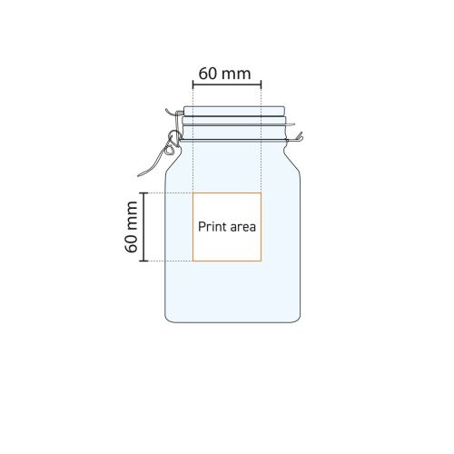 Schematische Darstellung der Druckfläche auf dem runden Weckpot Fido 5 Liter mit genauer Logoposition. Schematische Darstellung der Druckfläche auf dem runden Weckpot Fido 5 Liter mit genauer Logoposition.