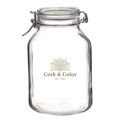 Einweckglas 5 Liter Fido mit mehrfarbigem CorkColor-Logo auf der Vorderseite des runden Glases. Einweckglas 5 Liter Fido mit mehrfarbigem CorkColor-Logo auf der Vorderseite des runden Glases.