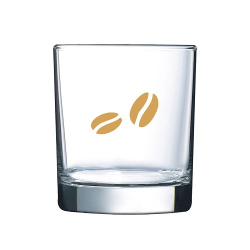 Vorderansicht eines Whiskyglases 30 cl. mit einfarbig aufgedrucktem CoffeeCo-Logo in der Mitte. Vorderansicht eines Whiskyglases 30 cl. mit einfarbig aufgedrucktem CoffeeCo-Logo in der Mitte.