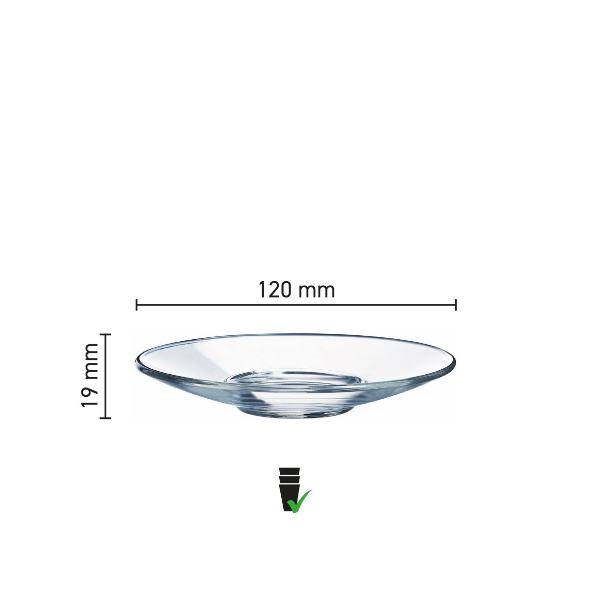 Die Infografik zeigt die Abmessungen des Glas-Aroma-Untertellers 14 cm mit deutlicher Größenangabe.