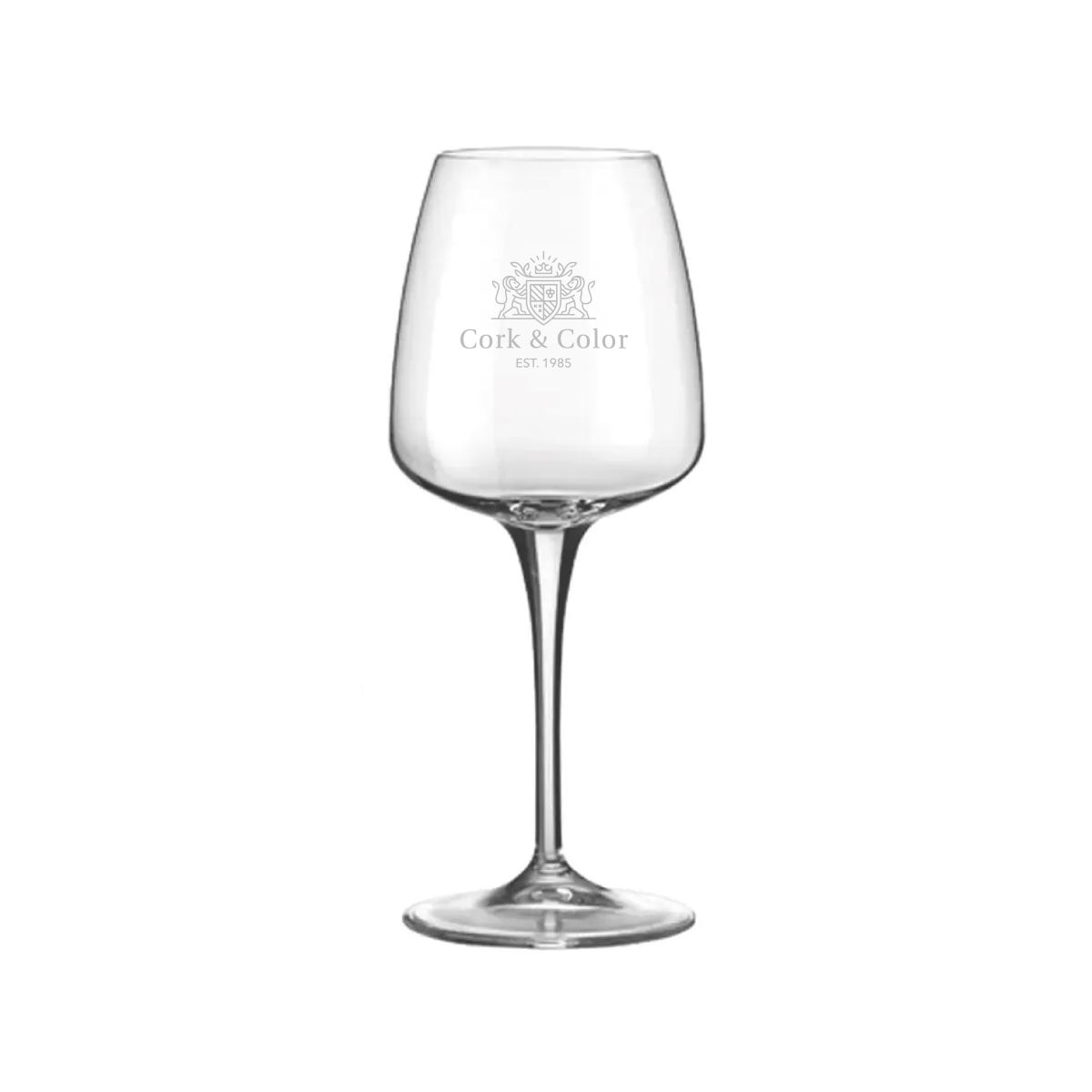 Gravur des CorkColor-Logos sichtbar auf der transparenten Vorderseite des Weinglases 35 cl.