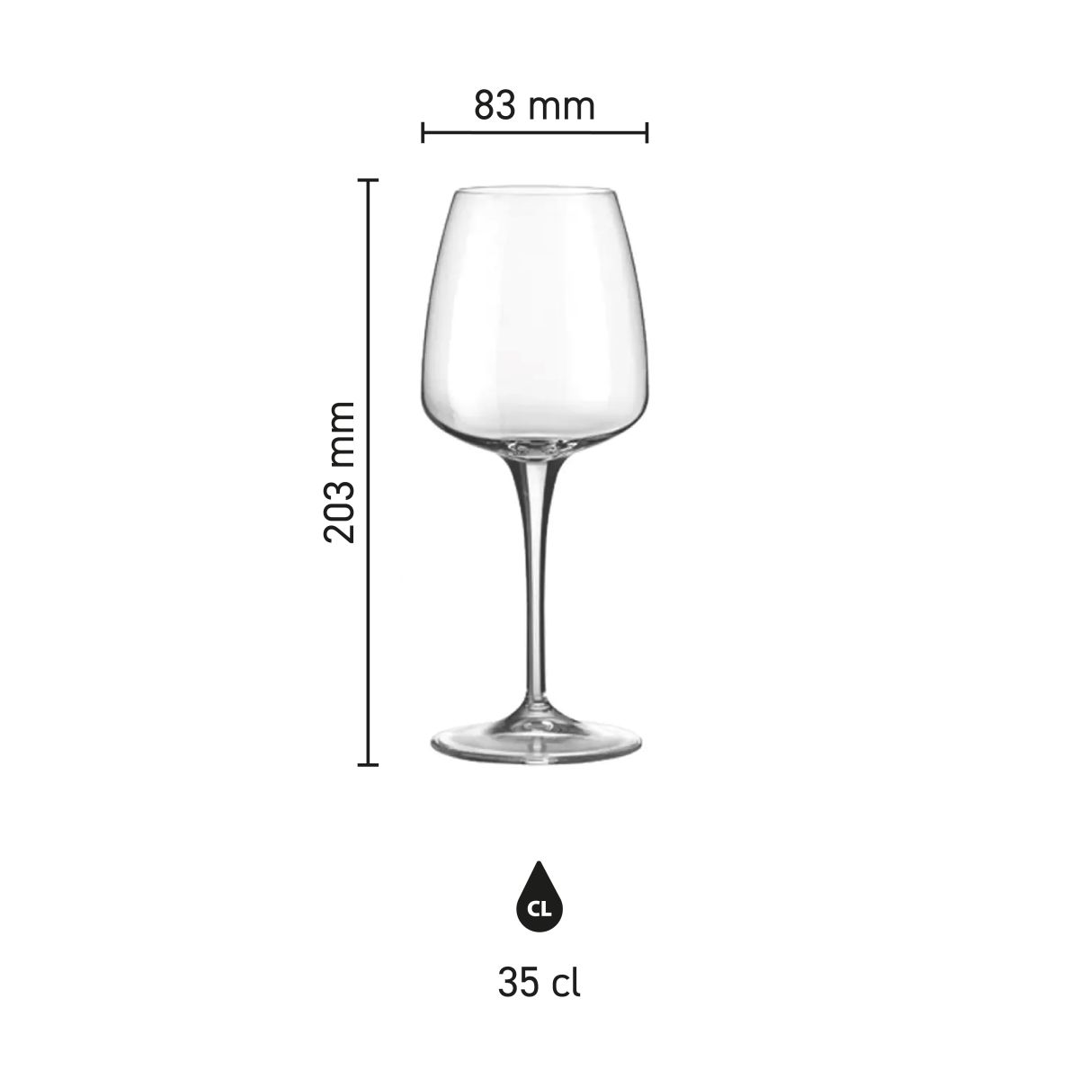 Die Infografik zeigt die Abmessungen des Aurum Weinglases 35 cl in Glas, mit Skala und Messlinien.
