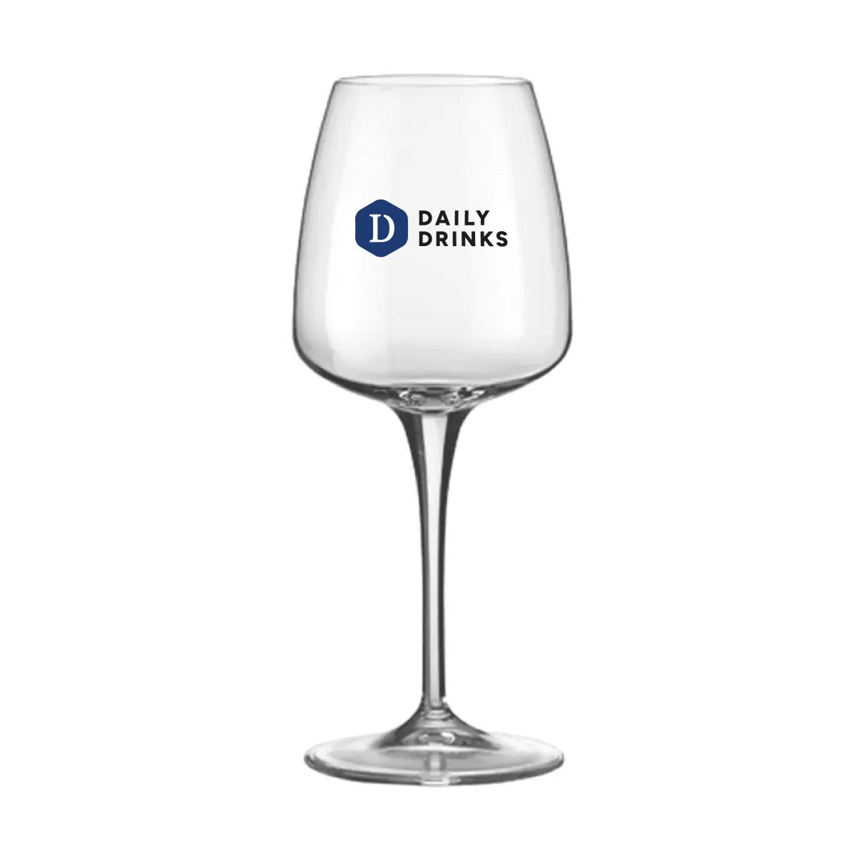 Vorderseite des Aurum Weinglases 43 cl. mit mehrfarbigem DailyDrinks-Logo.