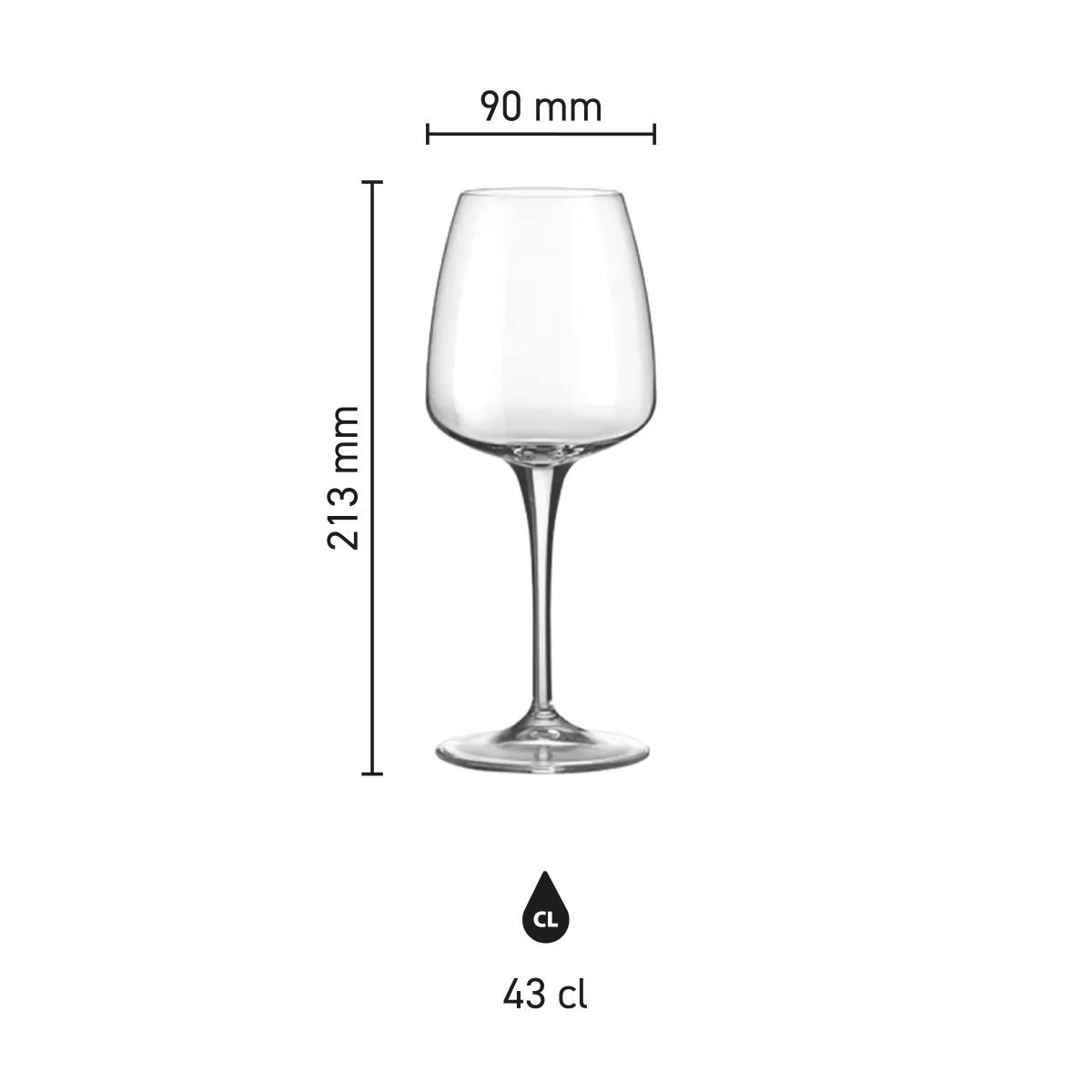 Die Infografik zeigt die Abmessungen des Aurum Weinglases 43 cl. Glas, mit Fassungsvermögen, Höhe und Durchmesser.