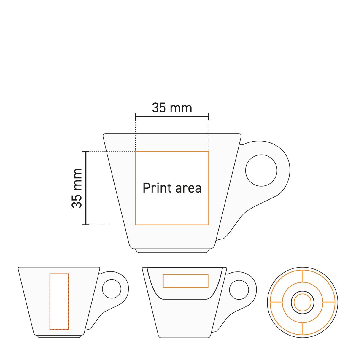 Technische Arbeitszeichnung der Druckfläche auf Baristo Espresso 8 cl. SET Porzellan, Tasse und Untertasse.