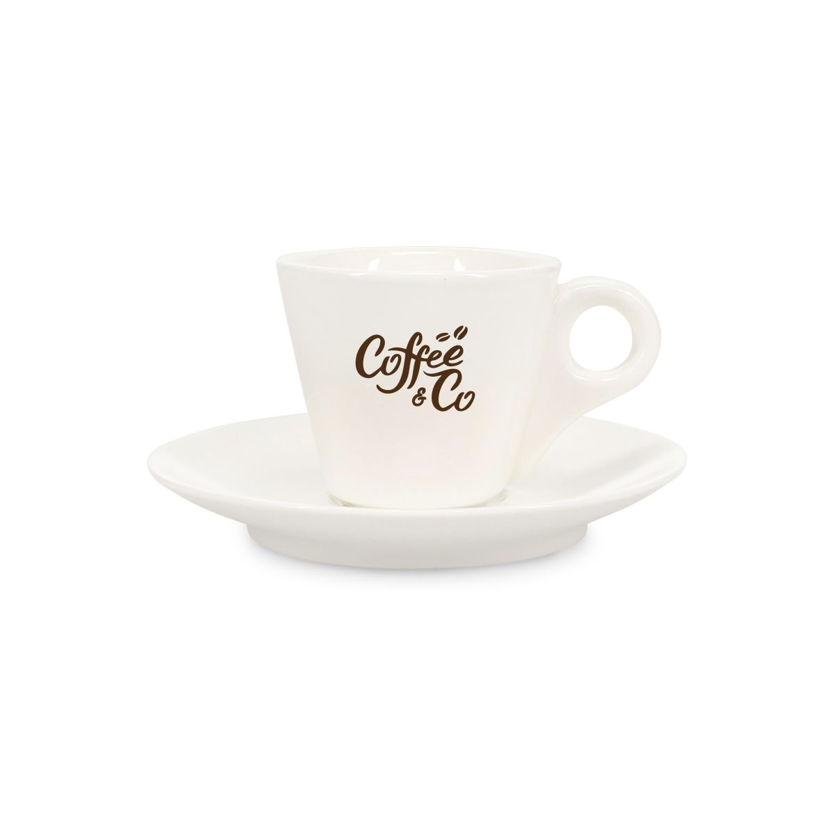 Porzellan Baristo Espresso SET 8 cl. mit CoffeeCo Logo in einer Farbe auf der Vorderseite der Tasse.