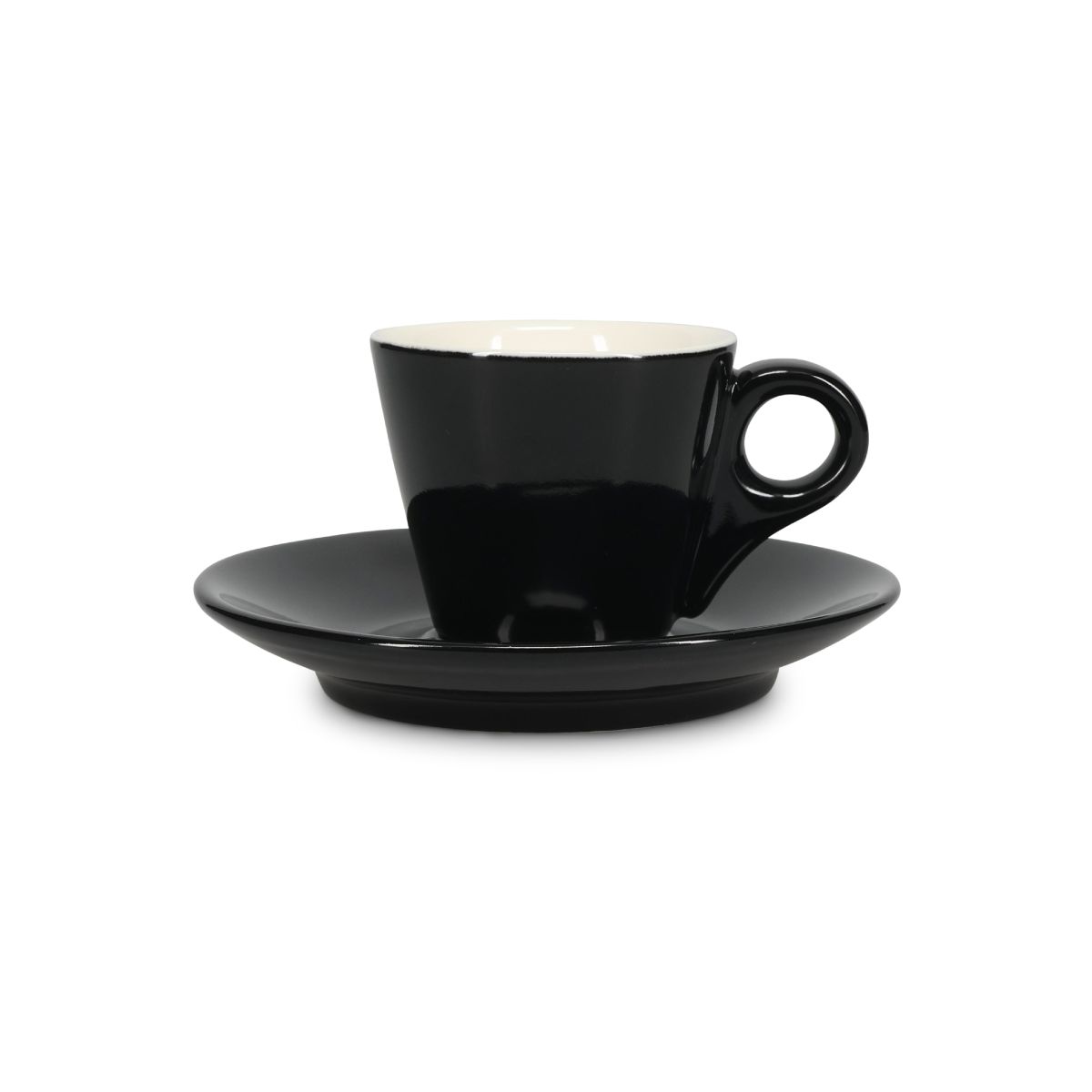 Vorderansicht von Baristo Espresso 8 cl. Set aus schwarzem und weißem Porzellan, bestehend aus Tasse und Untertasse.