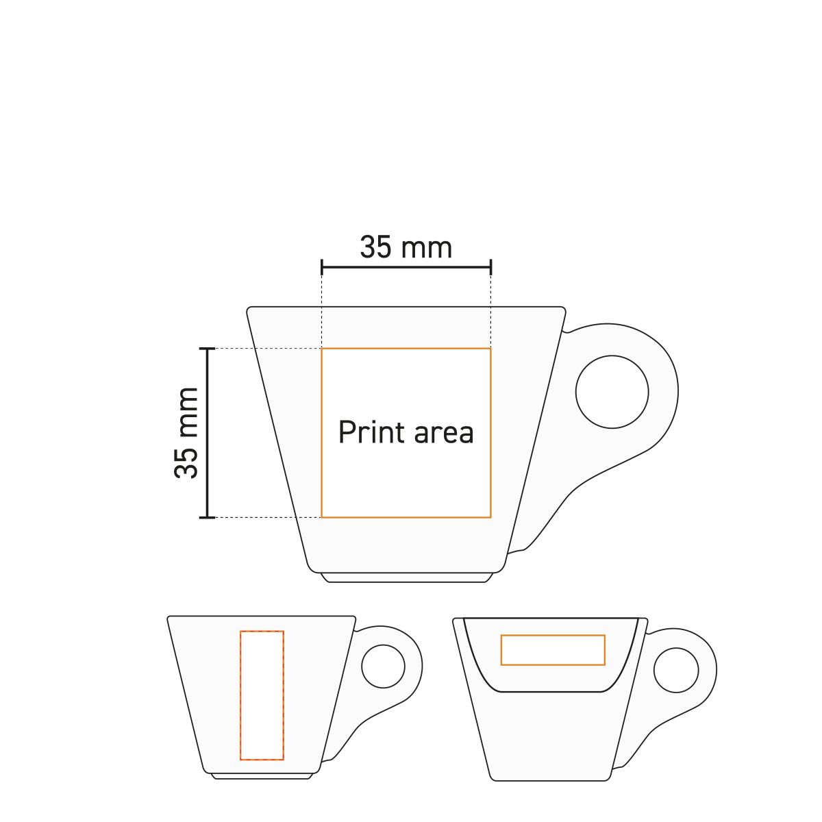 Zeichnung der Druckfläche der Baristo Espressotasse 8 cl, mit Angabe der Logoposition und des maximalen Aufdrucks.