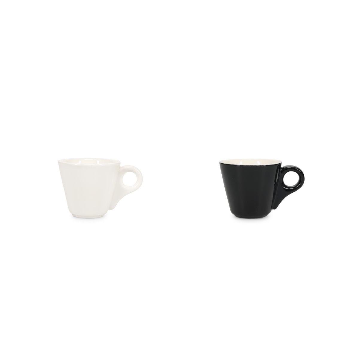 Übersicht der Farbvarianten der Baristo Espressotasse 8 cl. Porzellan, sowohl weiß als auch schwarz-weiß.