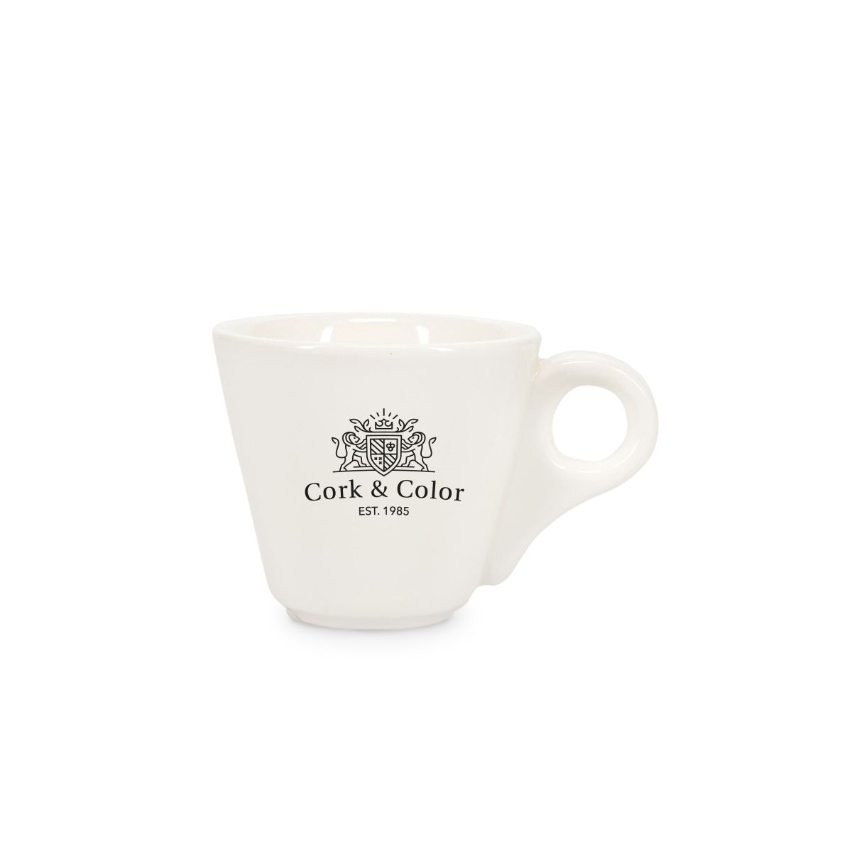 Porzellan Baristo Espressotasse 8 cl. mit einfarbigem CorkColor Logo auf der Vorderseite.