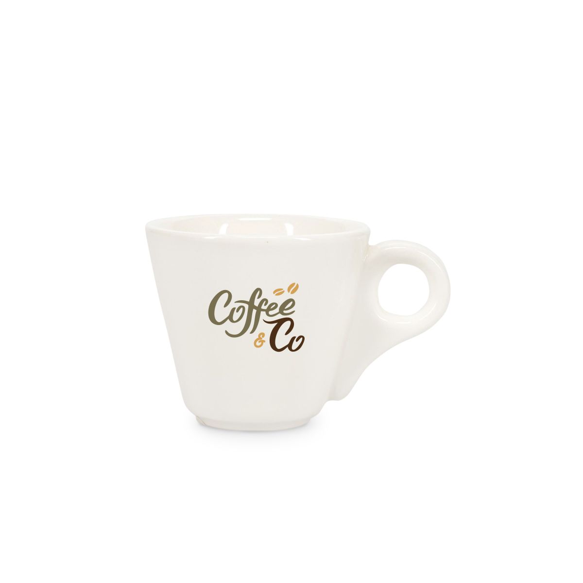Baristo Espressotasse 8 cl. bedruckt mit mehrfarbigem CoffeeCo-Logo auf der Vorderseite des Porzellans.