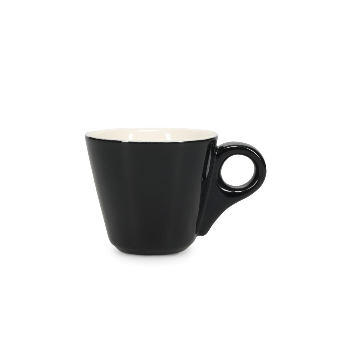Vorderansicht der Baristo Espressotasse 8 cl. aus schwarzem und weißem Porzellan, geeignet für Catering und Kaffeeservice.