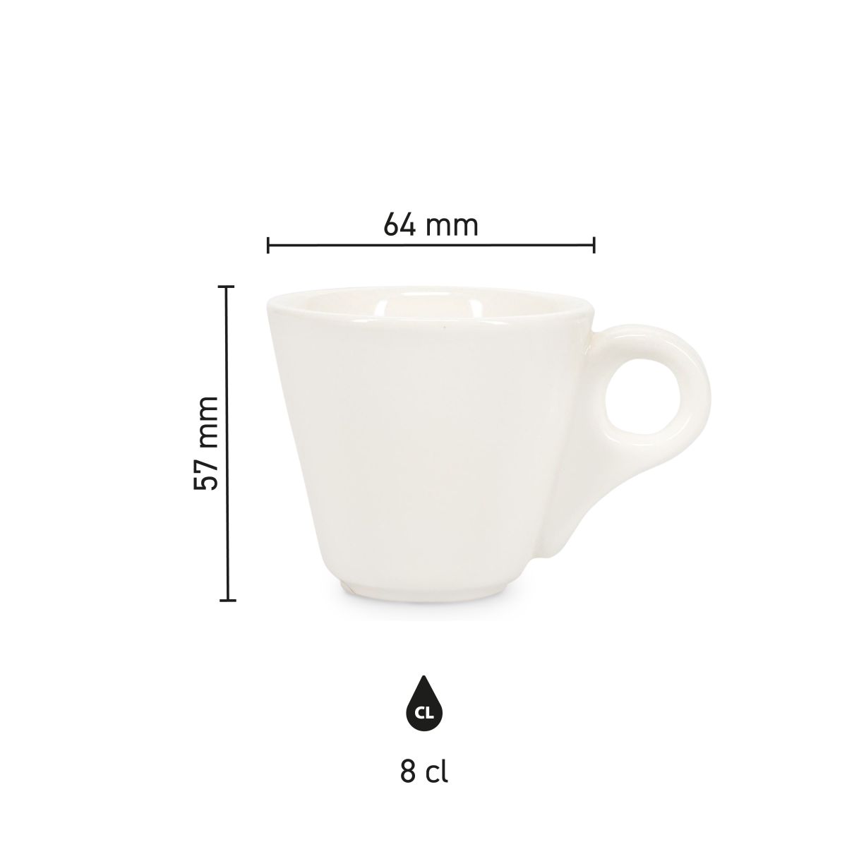 Die Infografik zeigt die Maße der Baristo Espressotasse 8 cl. Porzellan, einschließlich Durchmesser und Höhe.