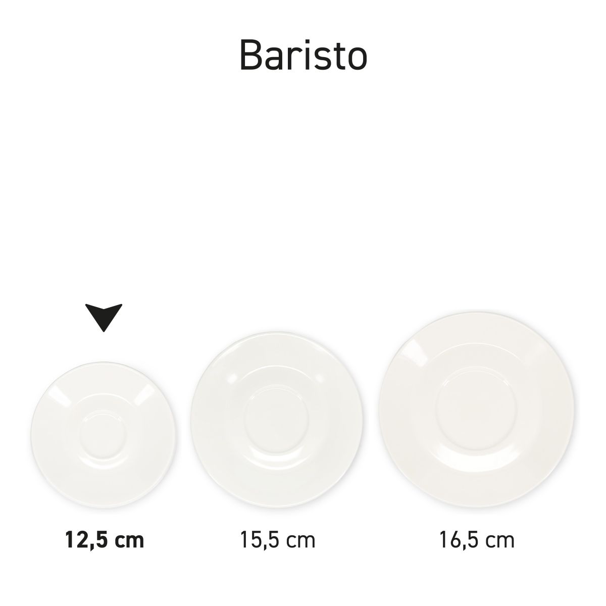 Mehrere Baristo Espressoteller aus Porzellan, die nebeneinander als Serie präsentiert werden.
