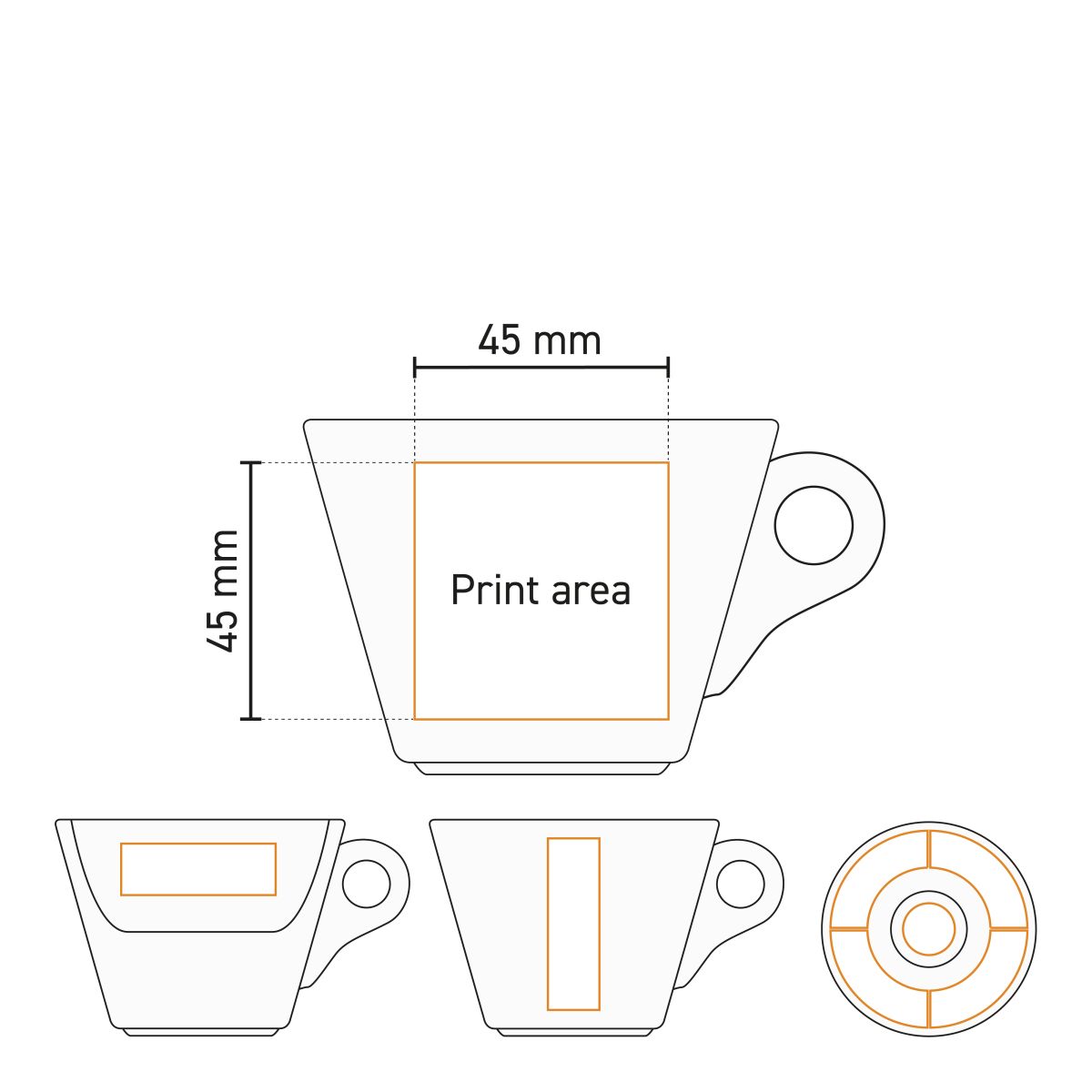 Detaillierte Arbeitszeichnung der Druckfläche für den Druck auf Baristo Coffee 16 cl. SET Porzellan.