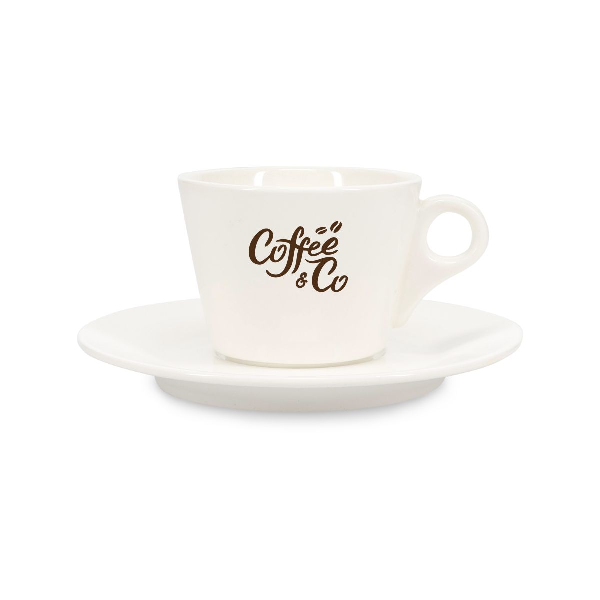 Baristo Kaffee 16 cl. SET mit einfarbigem CoffeeCo-Logo auf Porzellan-Kaffeetasse, Vorderansicht.