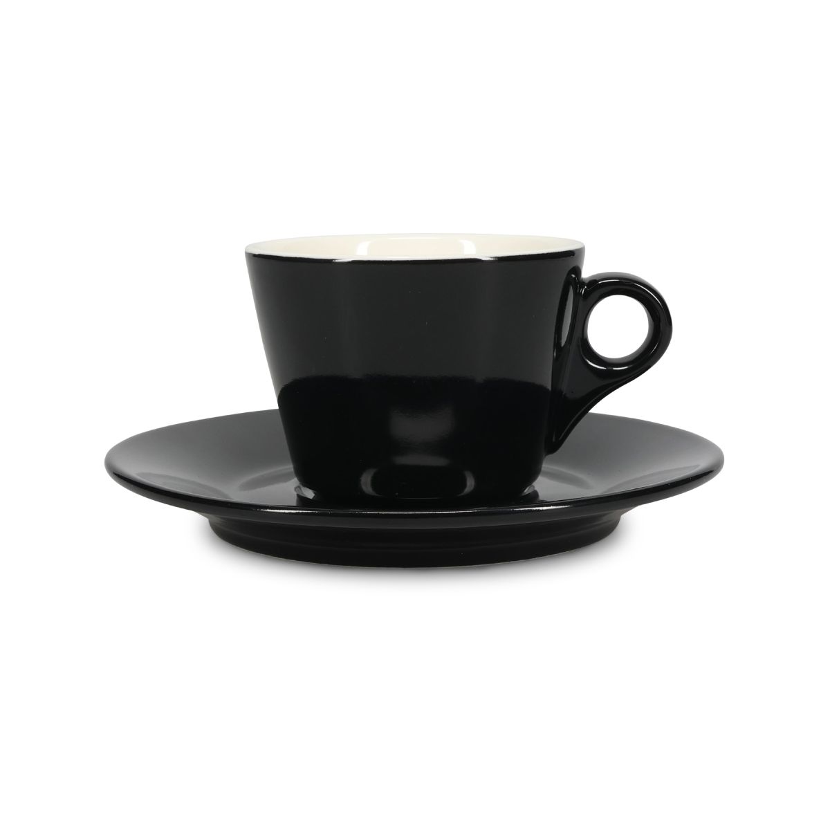 Vorderansicht von Baristo Coffee 16 cl. SET Porzellan, bestehend aus Tasse und Untertasse aus schwarzem und weißem Porzellan.