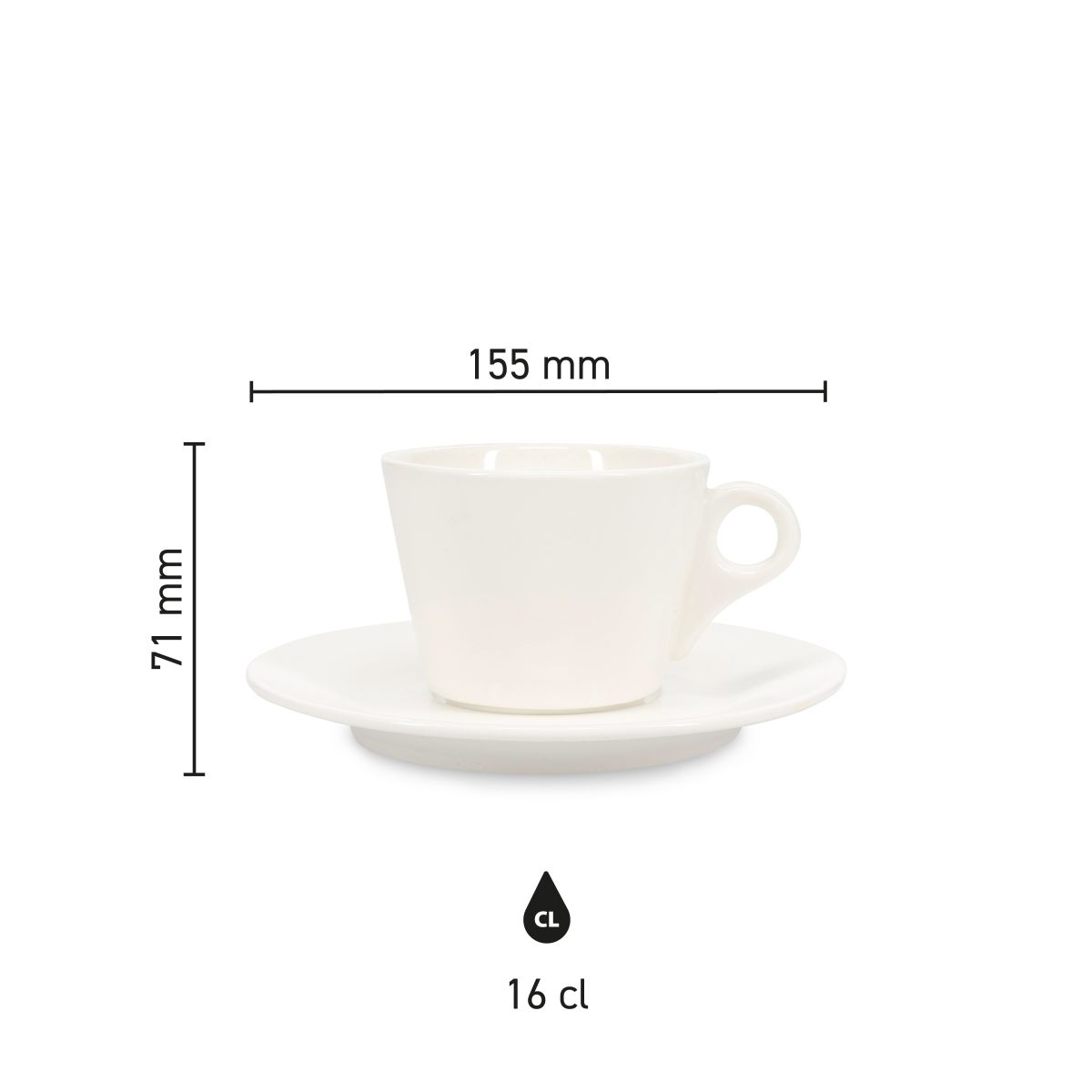 Die Maßübersicht von Baristo Coffee 16 cl. SET zeigt Fassungsvermögen, Durchmesser und Höhe von Tasse und Untertasse.