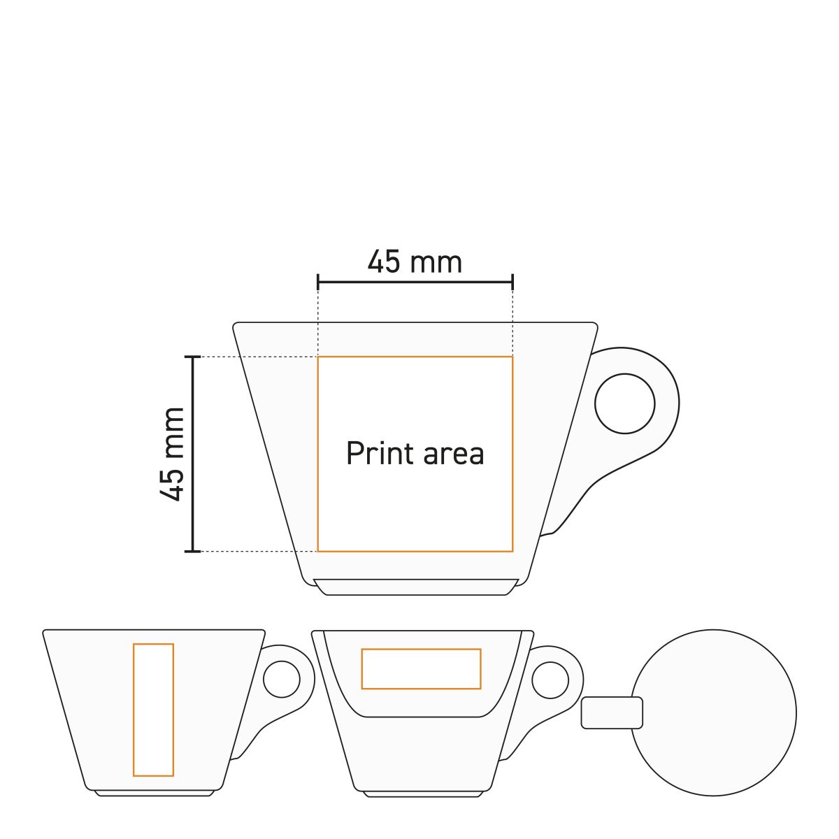 Der Druckbereich auf der Arbeitszeichnung zeigt die Position des Logos für die Baristo Kaffeetasse 16 cl. Porzellan.