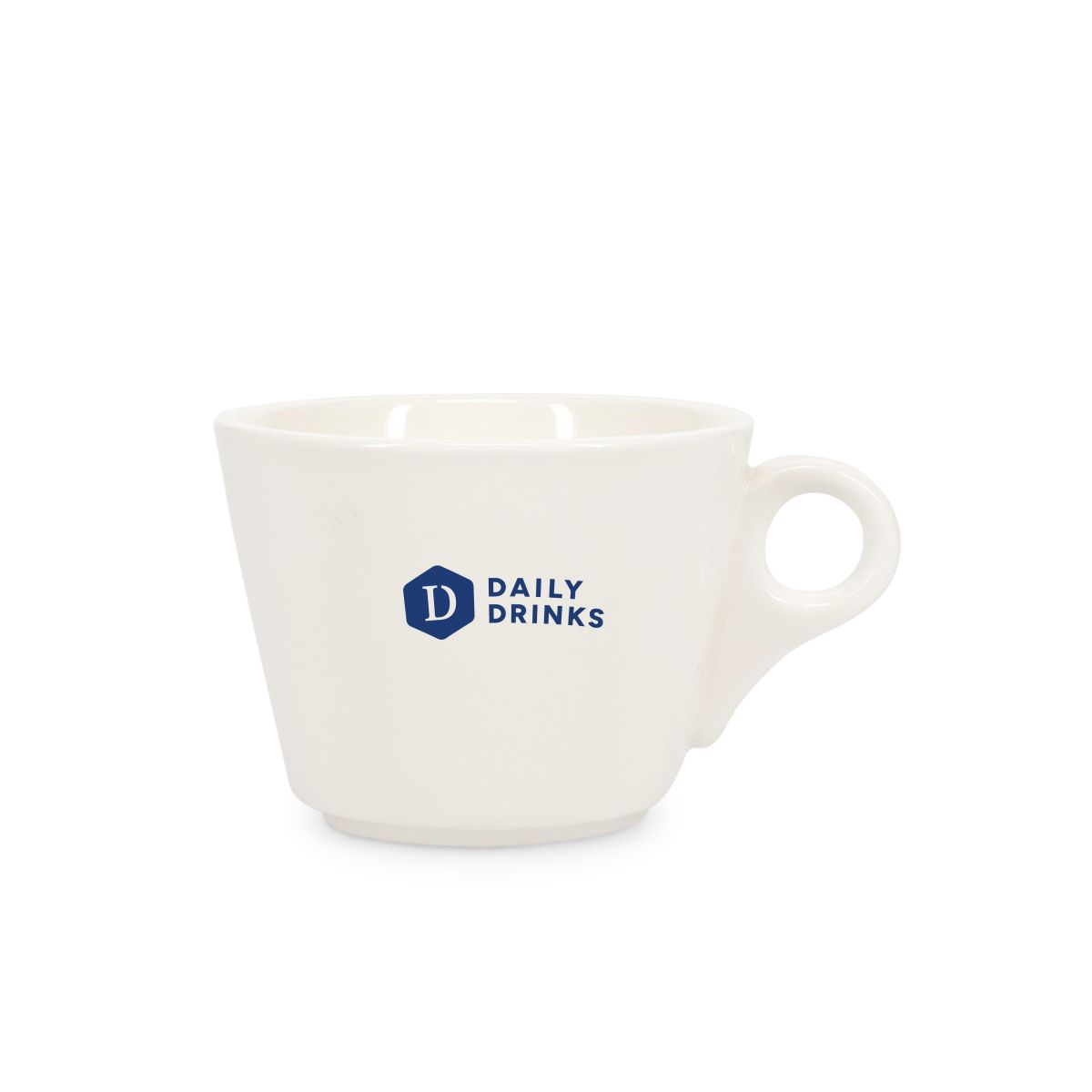 Baristo Kaffeetasse 16 cl. mit einfarbigem DailyDrinks-Logo auf der Vorderseite des Porzellans.