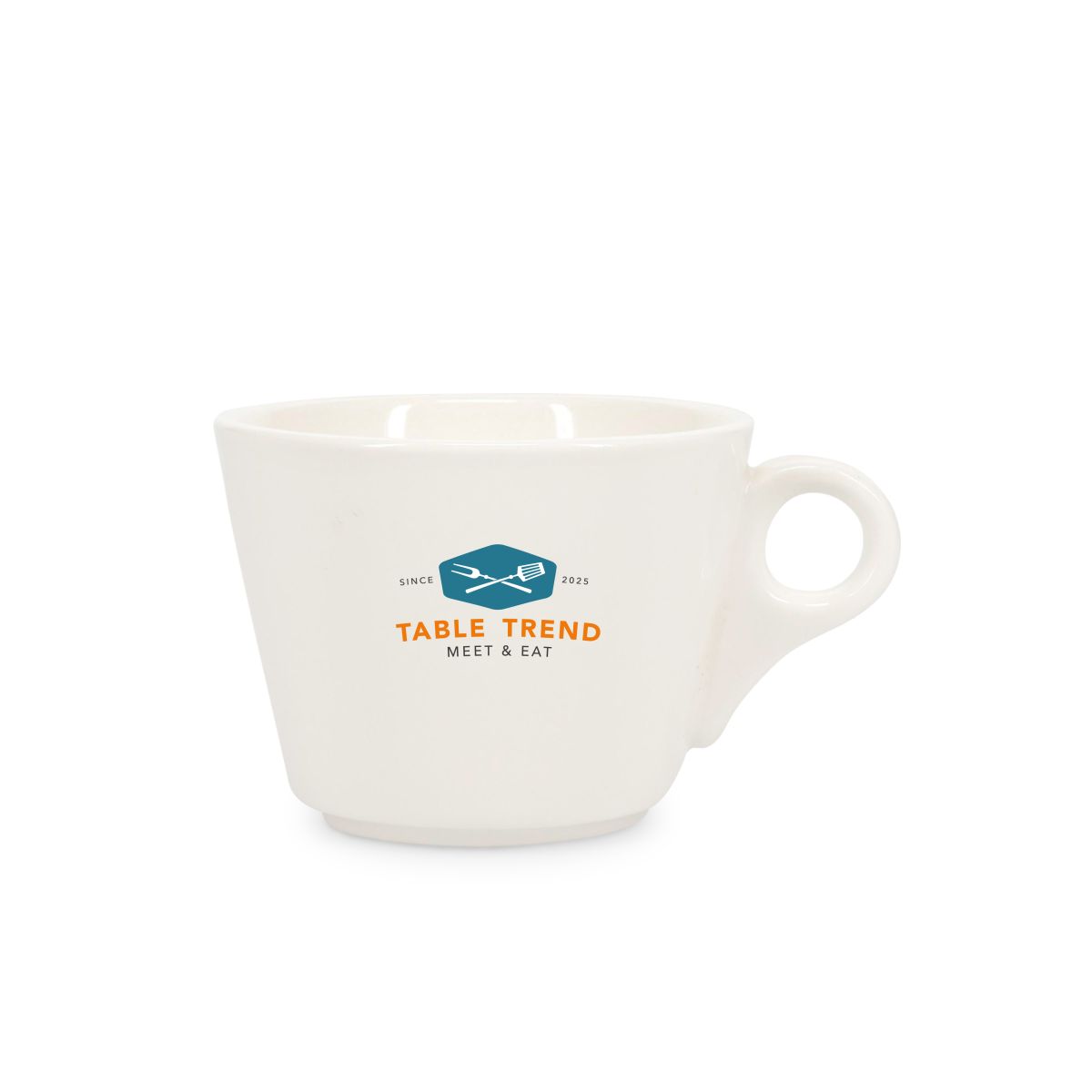 Porzellan Baristo Kaffeetasse 16 cl. bedruckt mit mehrfarbigem TableTrend-Logo auf der Vorderseite.