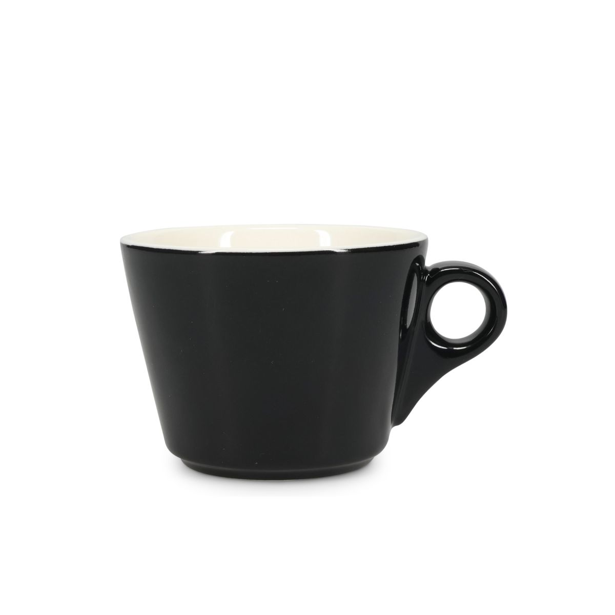 Vorderansicht der Baristo Kaffeetasse 16 cl. aus schwarzem und weißem Porzellan mit klassischem runden Design.