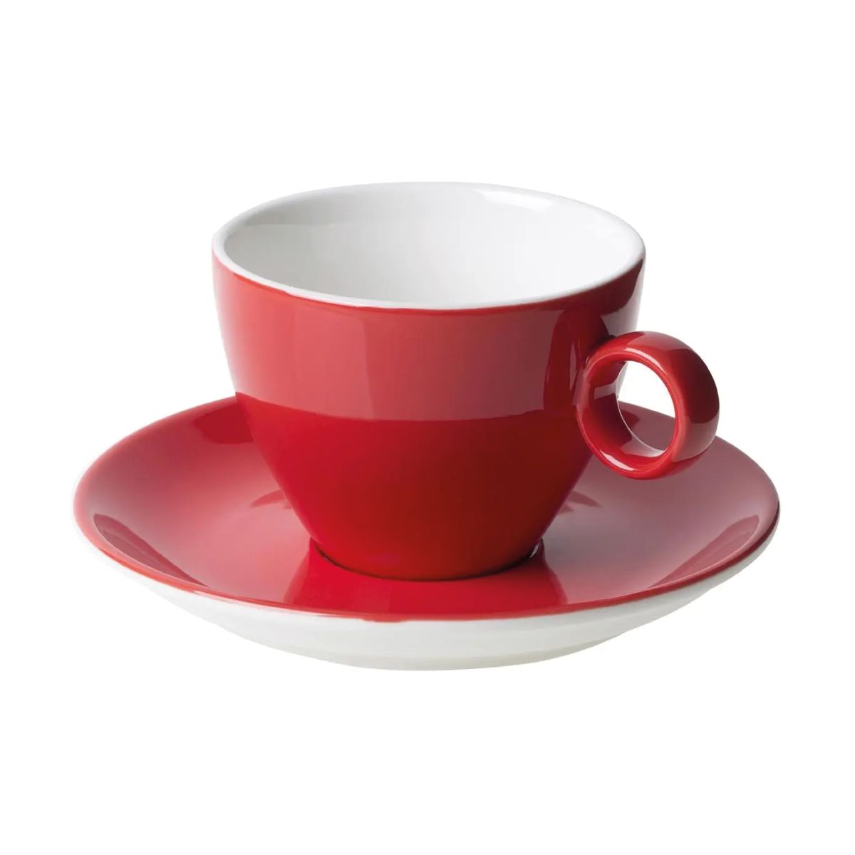Vorderansicht von Bart Cappuccino 23 cl. SET aus rotem und weißem Porzellan, mit runder Form und stabilem Ohr.