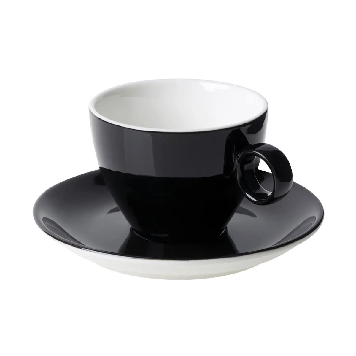 Vorderansicht von Bart Cappuccino 23 cl. Set aus schwarzem und weißem Porzellan, mit runder Form und stabilem Ohr.