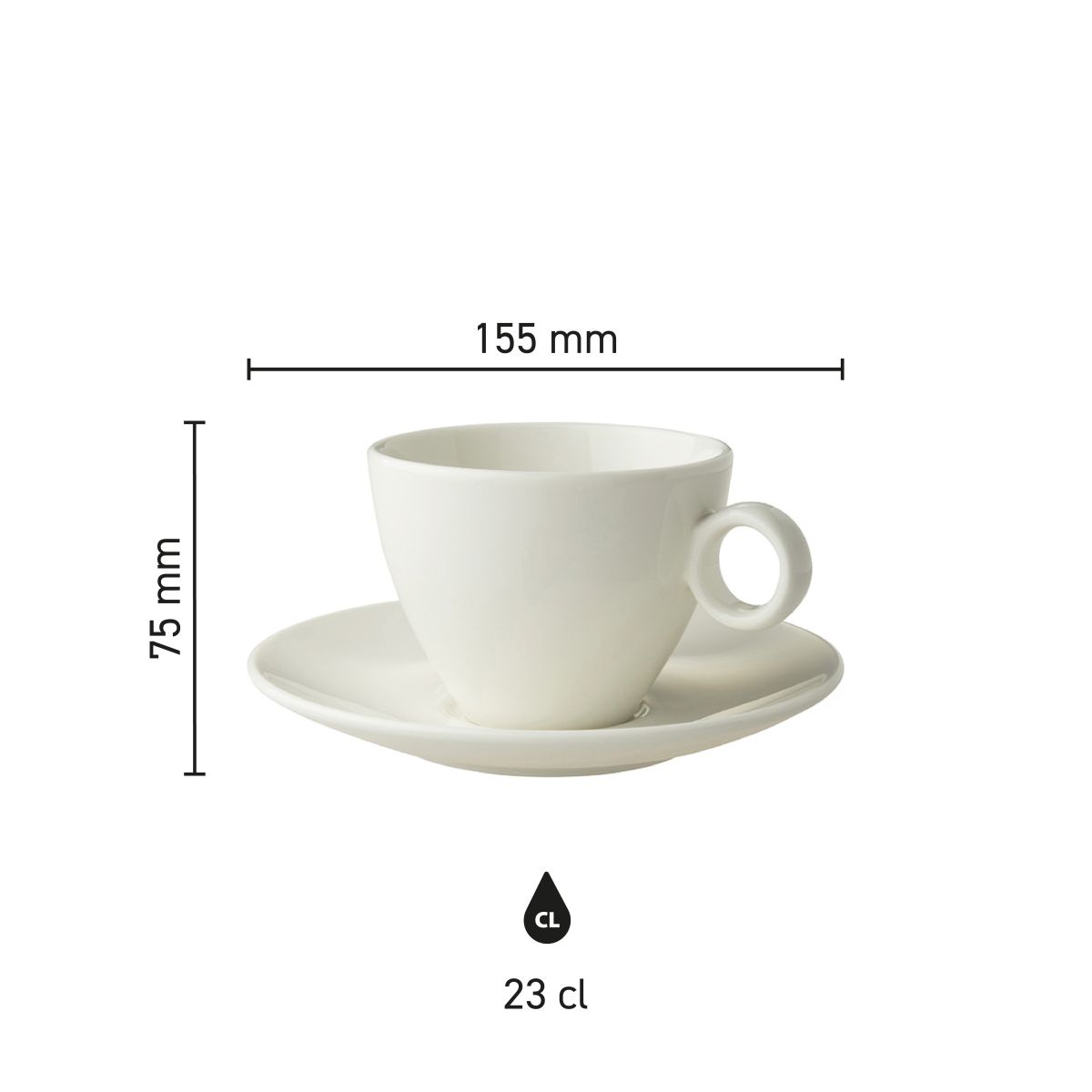 Infografik zu den Abmessungen des Porzellansets Bart cappuccino 23 cl, mit Angabe von Durchmesser und Höhe.