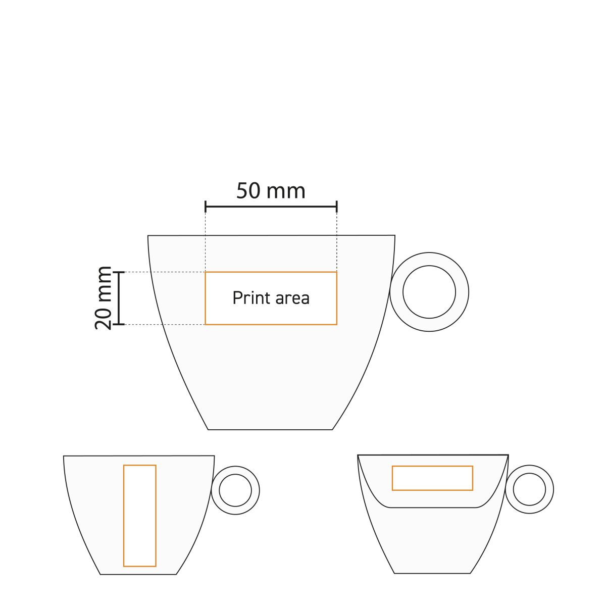 Druckfläche und Logoposition auf Bart Cappuccinotasse 23 cl. Porzellan visuell dargestellt.