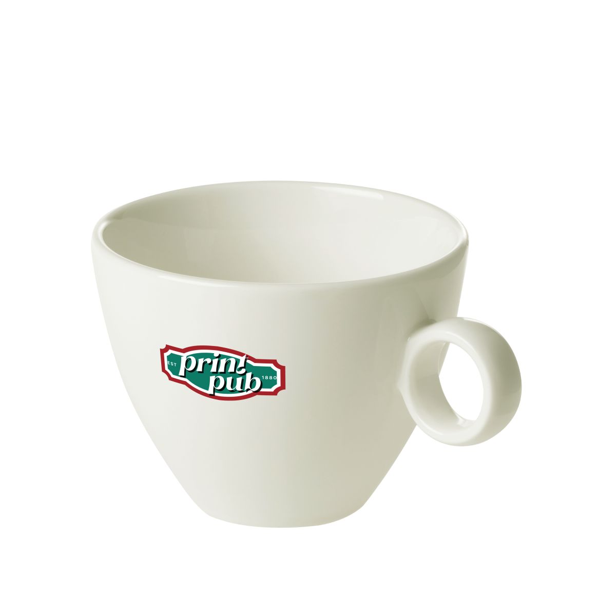 Vorderansicht der Bart Cappuccino Tasse Porzellan 23 cl bedruckt mit buntem PrintPub Logo.