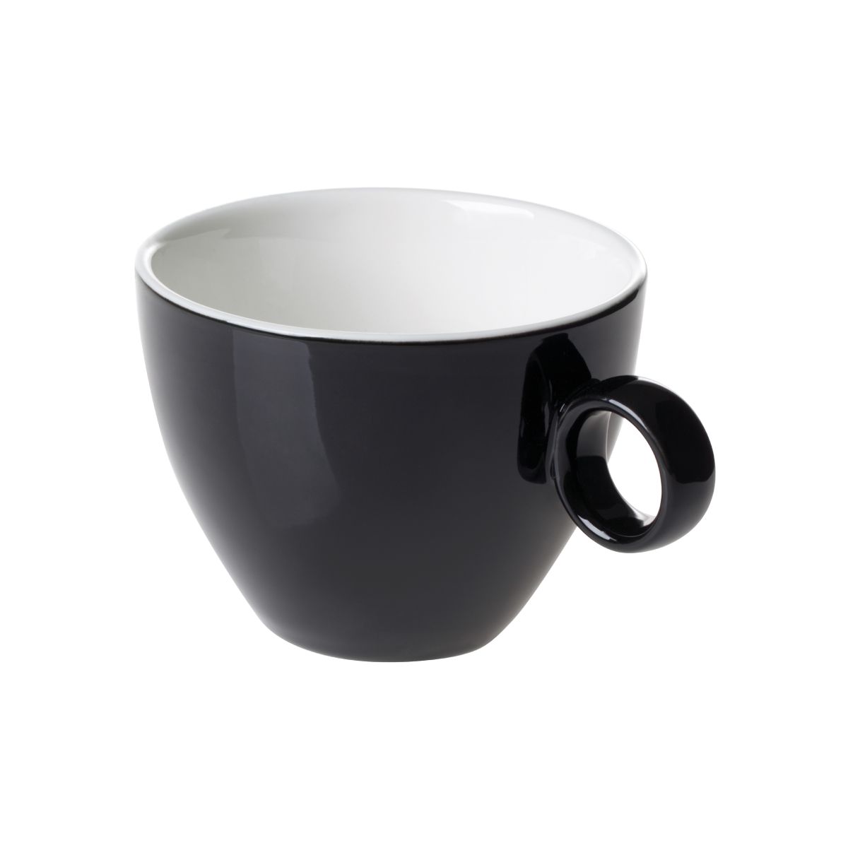 Schwarz-weiße Bart Cappuccinotasse 23 cl aus Porzellan, Vorderansicht mit leicht konischer Form und glatter Oberfläche.
